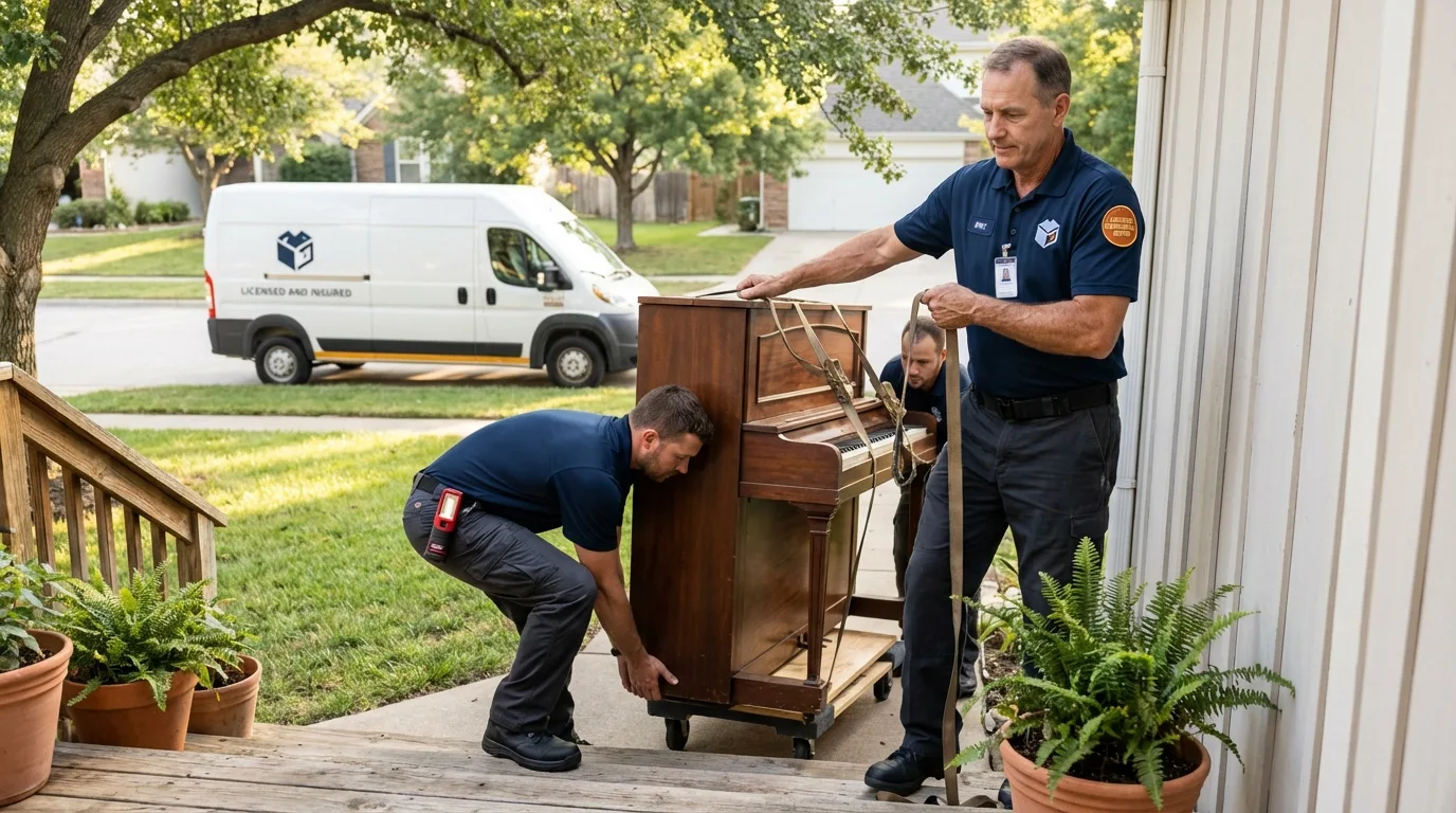 Licensed piano movers securing grand piano in French Settlement, LA
