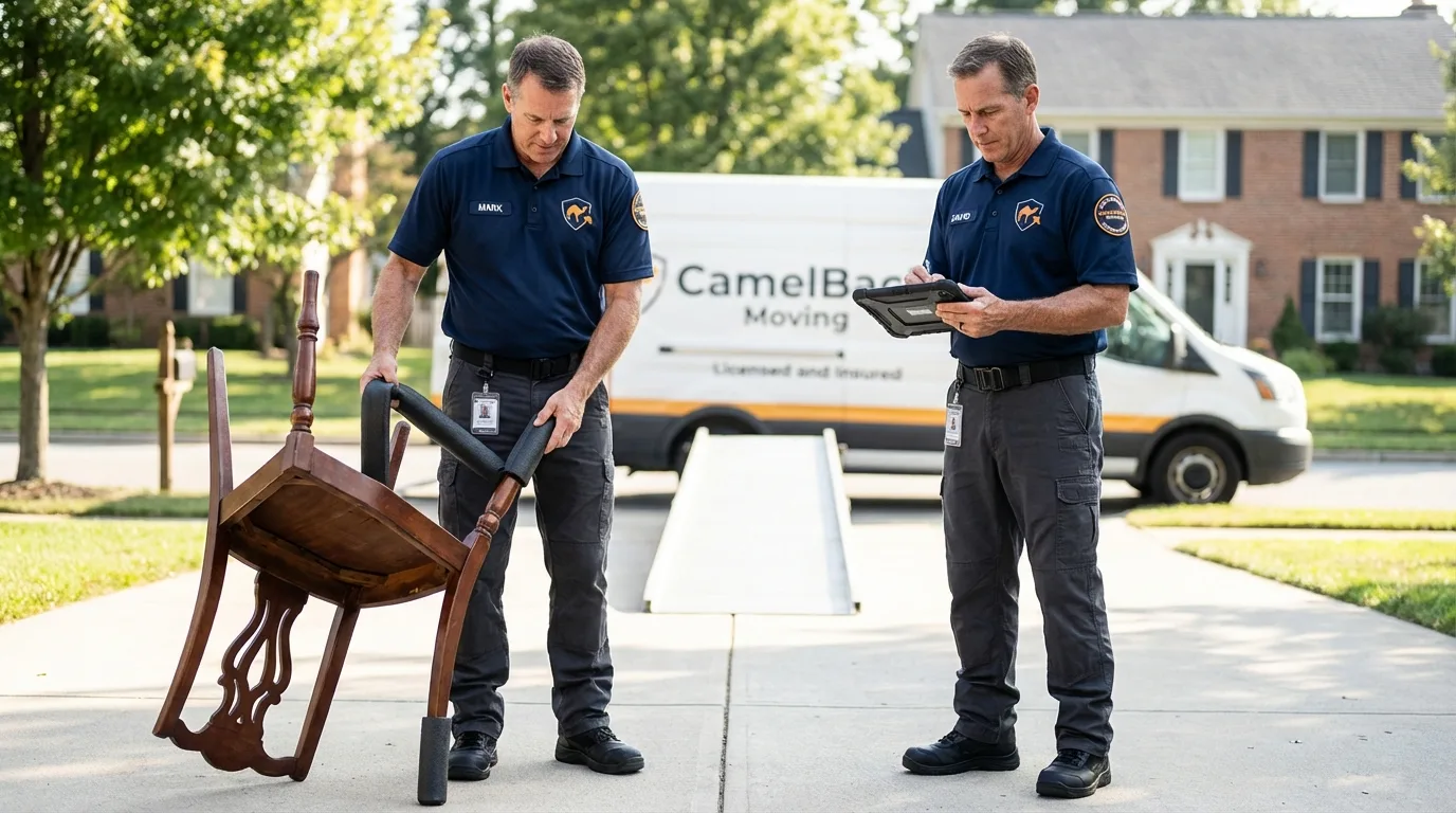 Movers inspecting furniture for damage prevention before loading in French Settlement, LA