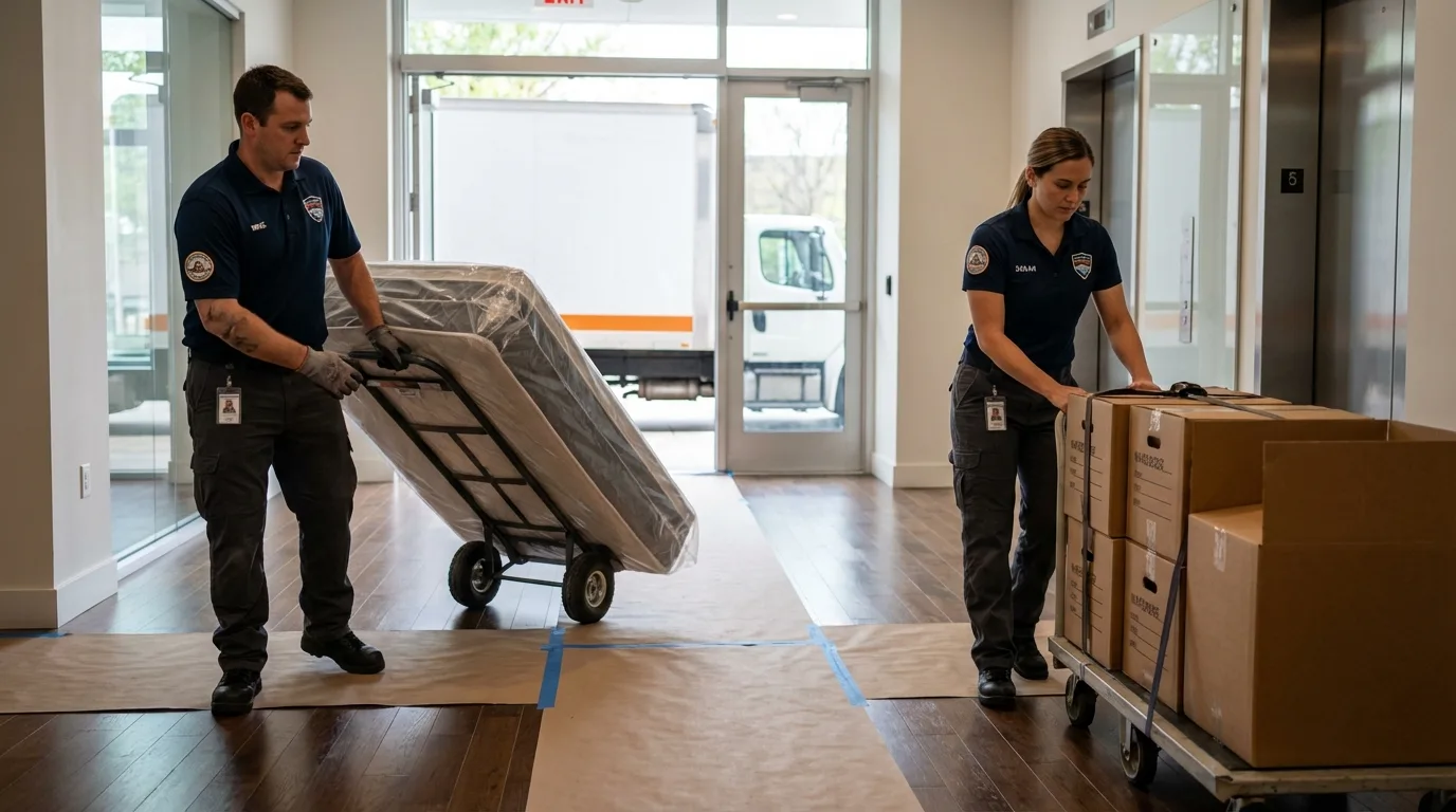 Professional apartment movers loading elevator in French Settlement, LA